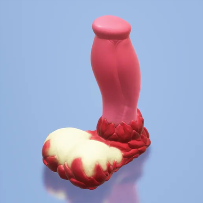 Eruptor fantasy dildo, top view of glans and base — platinum silicone, ClimaxLab.