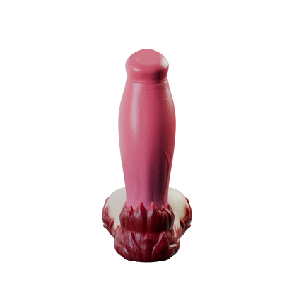 Eruptor fantasy canine dildo with bulbous head and rocky base, rear view — platinum silicone made in Spain by ClimaxLab.