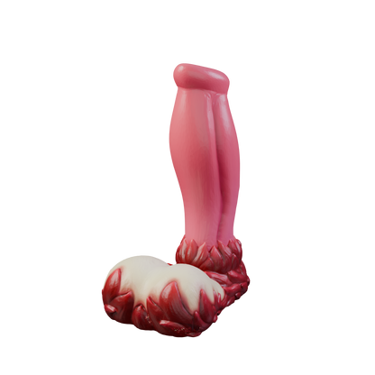 Eruptor fantasy canine dildo with bulbous head and rocky base, three-quarter view — platinum silicone made in Spain by ClimaxLab.