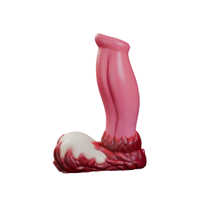 Eruptor fantasy canine dildo with bulbous head and rocky base, side profile — platinum silicone made in Spain by ClimaxLab.