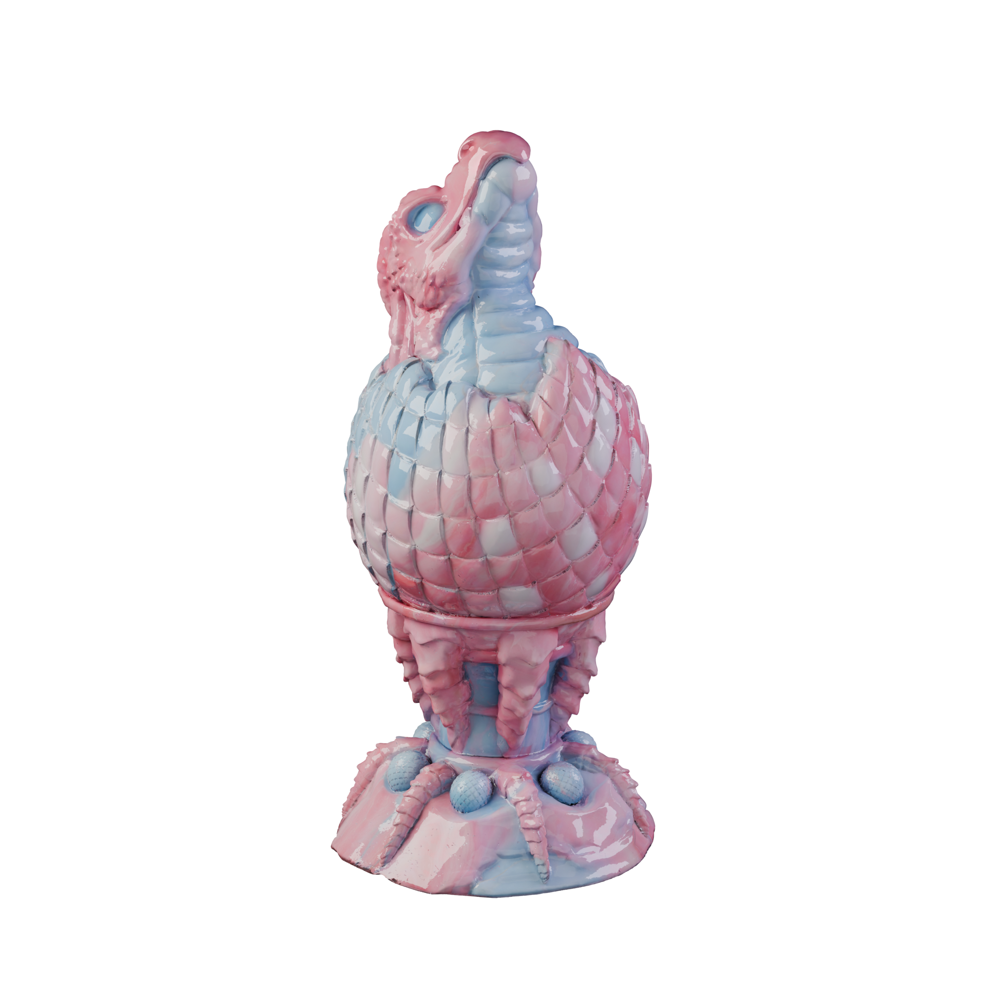 Huevo del Fuego dragon egg plug with hatching head and claw base, three-quarter view — platinum silicone by ClimaxLab.