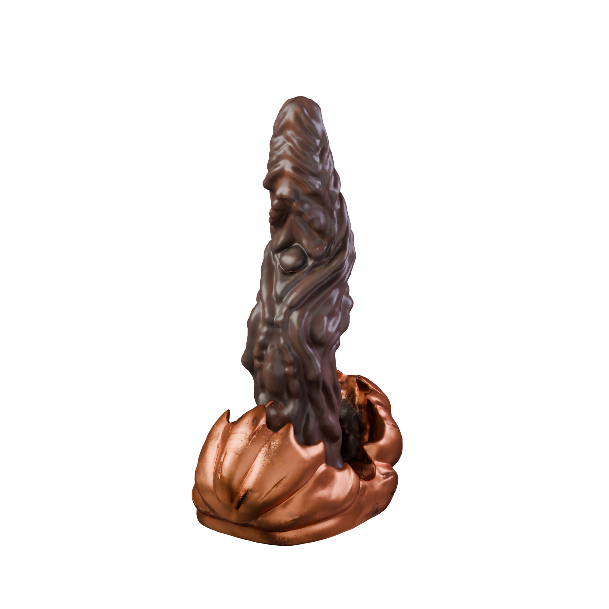 Gloomkin halloween pumpkin dildo with ribbed tongue shaft, three-quarter view — handcrafted platinum silicone by ClimaxLab.