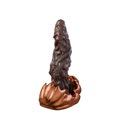 Gloomkin halloween pumpkin dildo with ribbed tongue shaft, three-quarter view — handcrafted platinum silicone by ClimaxLab.
