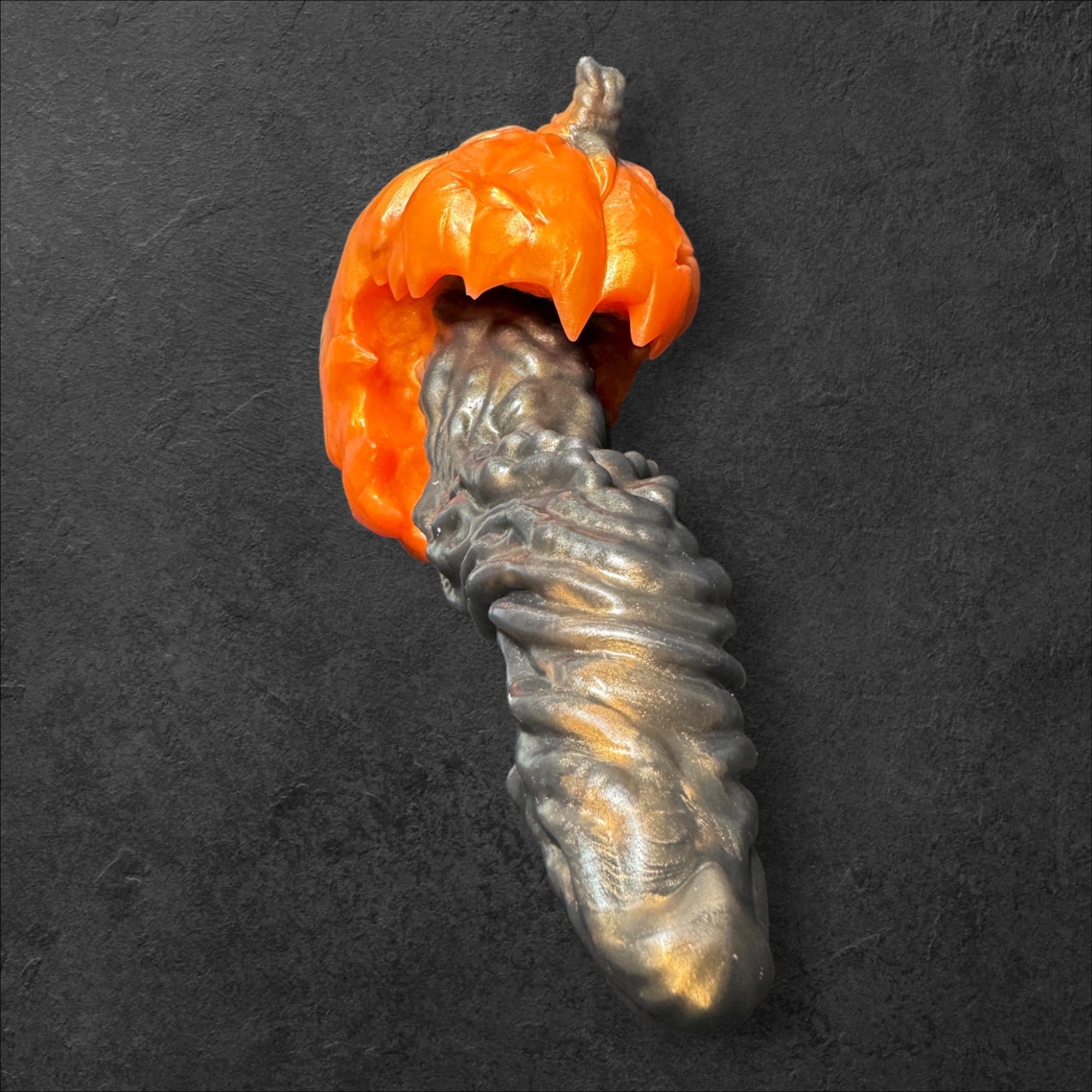 Gloomkin Fantasy Dildo by ClimaxLab. Halloween Pumpkin Base with Ribbed Tongue Texture. Handcrafted Platinum Silicone Toy.