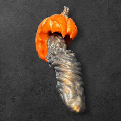 Gloomkin Fantasy Dildo by ClimaxLab. Halloween Pumpkin Base with Ribbed Tongue Texture. Handcrafted Platinum Silicone Toy.