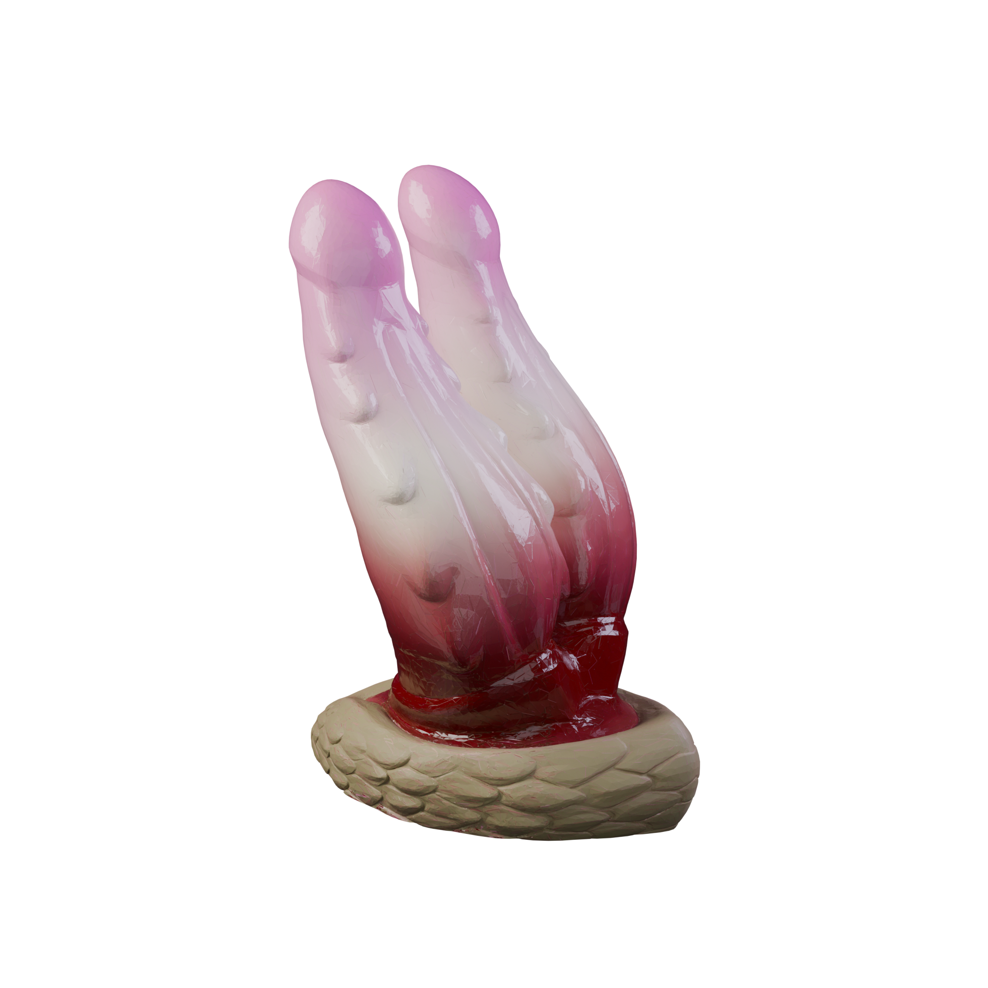 Wyrm Hemis twin-tip dragon dildo on a braided base, three-quarter view — platinum silicone made in Spain by ClimaxLab.