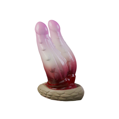 Wyrm Hemis twin-tip dragon dildo on a braided base, three-quarter view — platinum silicone made in Spain by ClimaxLab.