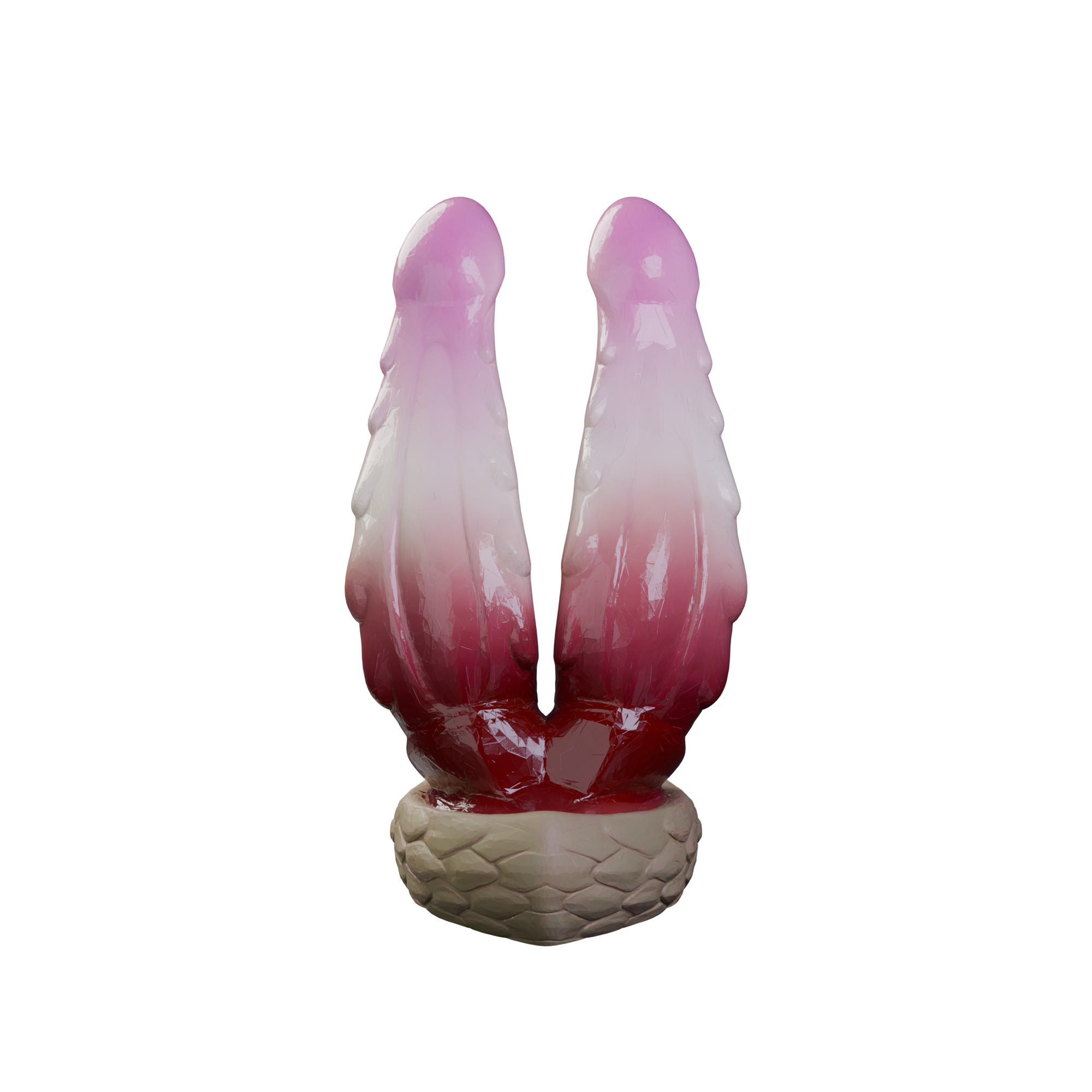 Wyrm Hemis twin-tip dragon dildo on a braided base, side profile — platinum silicone made in Spain by ClimaxLab.
