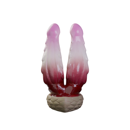Wyrm Hemis twin-tip dragon dildo on a braided base, side profile — platinum silicone made in Spain by ClimaxLab.