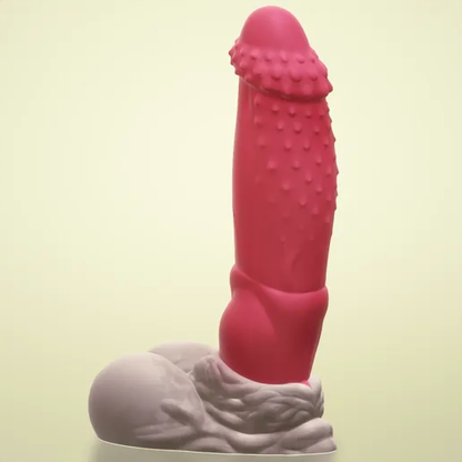 Kaelis fantasy feline dildo, close-up of the spiked glans texture — platinum silicone, ClimaxLab.