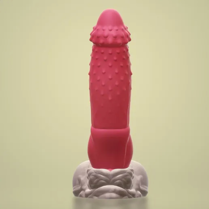 Kaelis fantasy furry dildo, front view — spiked platinum silicone shaft, by ClimaxLab.