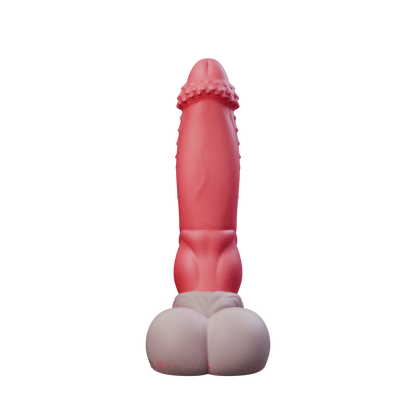 Kaelis fantasy feline dildo with spiked shaft, front view — platinum silicone made in Spain by ClimaxLab.