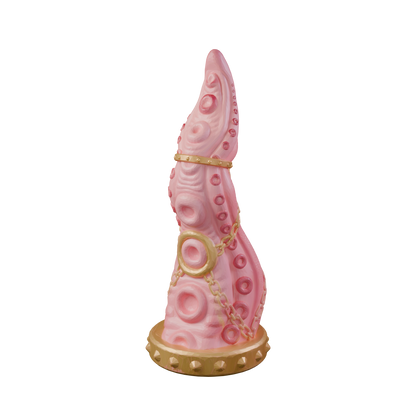 Leviatan Tentacle Dildo covered in suction cups with golden chains and studded base. Platinum Silicone by ClimaxLab.