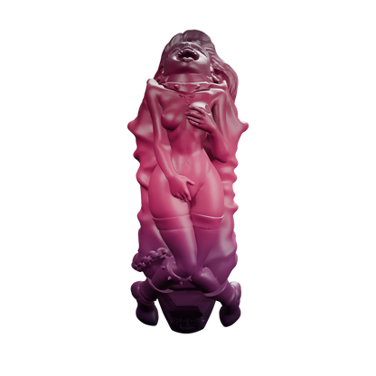 Lilith · vista frontal de la figura y relieves del ataúd · tonos ciruela y rubí. Render del modelo, sin fondo.