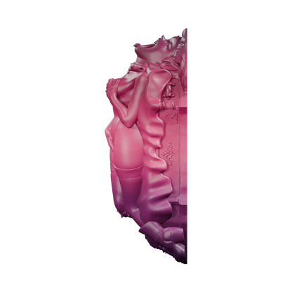 Lilith · vista de perfil de la figura arqueada y el ataúd · tonos ciruela y rubí. Render del modelo, sin fondo.