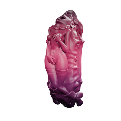 Lilith · vista en tres cuartos de la figura de vampiresa sobre un ataúd · tonos ciruela y rubí. Render del modelo, sin fondo.