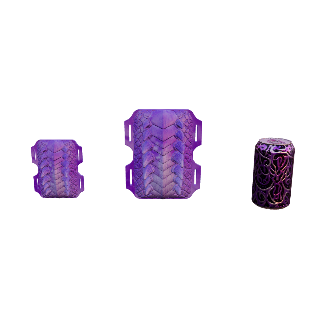 Size comparison of the Emperatriz Dragona dragon grinder: mini and large versions shown next to a 33cl can for scale. Textured platinum silicone grinding pad with dragon scales and fins, made in Spain by ClimaxLab.