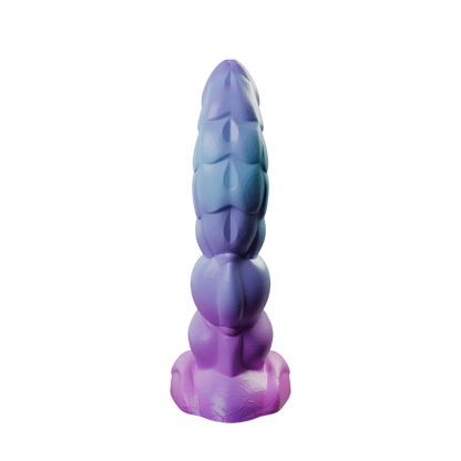 Splurt fantasy kobold dildo with segmented shaft, rear view — platinum silicone made in Spain by ClimaxLab.
