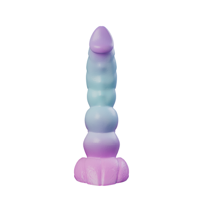 Splurt fantasy kobold dildo with segmented shaft, front view — platinum silicone made in Spain by ClimaxLab.