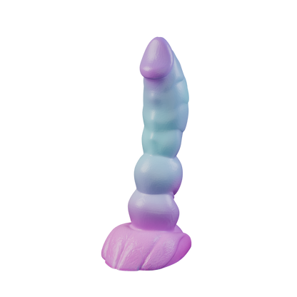 Splurt fantasy kobold dildo with segmented shaft, three-quarter view — platinum silicone made in Spain by ClimaxLab.